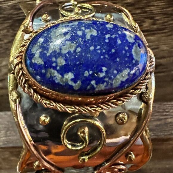 Artisan 2-Inch Wide Lapis Lazuli Cuff Bracelet, Adjustable‎ Mixed Metals, Gift R - Picture 6 of 13